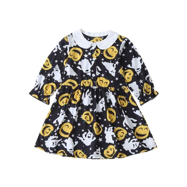 

halloween baby girl pumpkin print dress for party long sleeve peter pan collar a-line princess dress child girl, Red;yellow