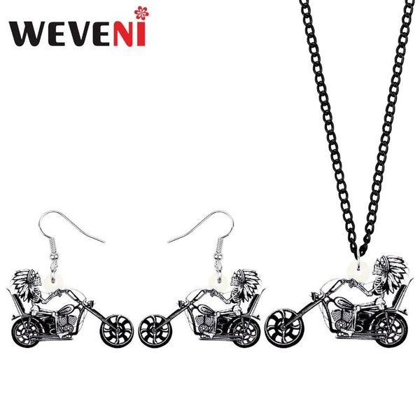 

weveni acrylic halloween motorcycle skull jewelry sets print long earrings necklace for women teens kids classic gift decoration, Silver
