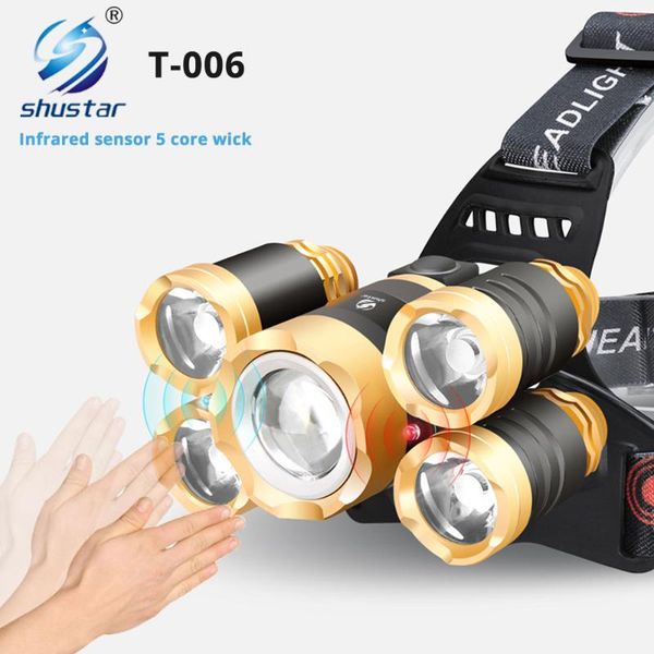 

5 core led headlamp with ir sensor waterproof fishing headlight zoomable camping light powered by 18650 battery