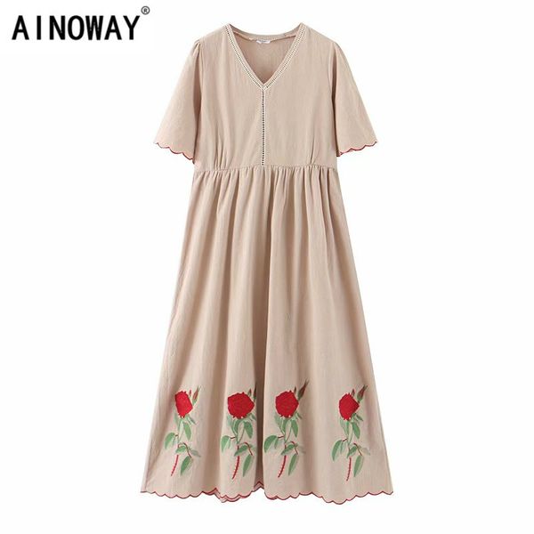

casual dresses vintage chic women floral embroidery short sleeve beach bohemian linen cotton maxi dress ladies v neck vestidos, Black;gray
