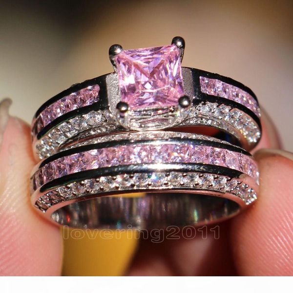 

001 victoria wieck princess cut pink sapphire simulated diamond 10kt white gold filled engagement wedding band ring set sz 5-11 gift, Silver