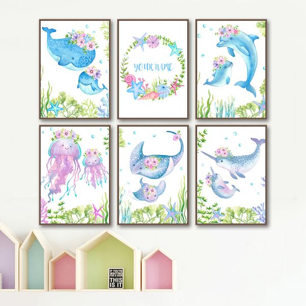 

whale dolphin jellyfish devil fish narwhal wall art canvas painting nordic posters and prints wall pictures baby kids room decor
