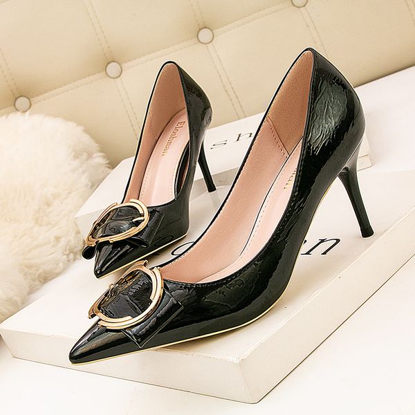 

nice2020 style 899-6 korean fashion professional slimming women's thin heel high heels low mouth pointed metal belt buckle si, Black