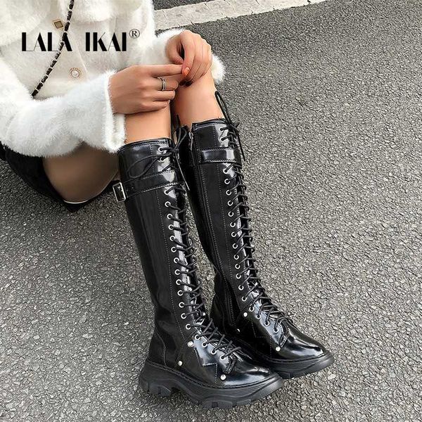 

lala ikai women knee boots high long patent leather boot zip 2020 fashion motorcycle riding boots female autumn winter a30815-4, Black