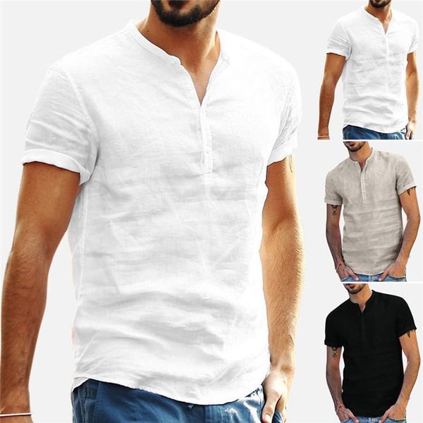 

buttons fashion short sleeved mens summer man stand collar linen regular length tees mens designer solid color shirts with, White;black