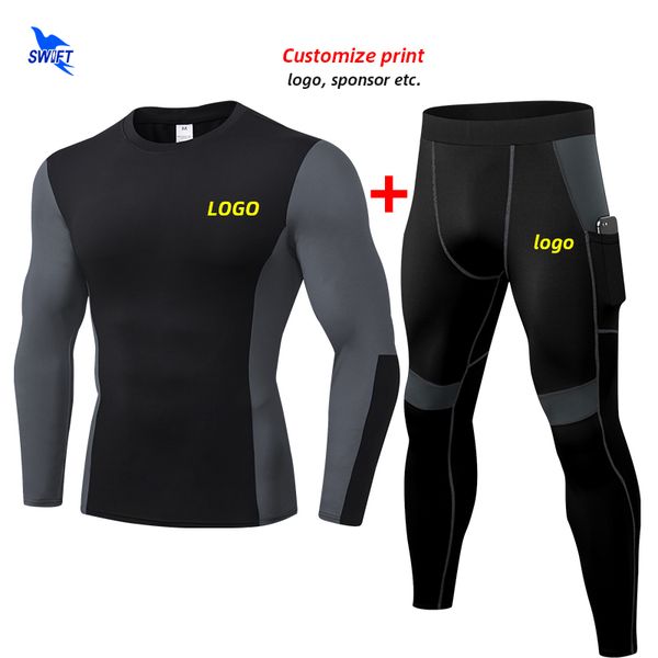 

running sets 2021 winter men quick dry stretch 2pcs set long sleeve shirt+leggings sport suit gym fitness sportswear tracksuit custom, Black;blue
