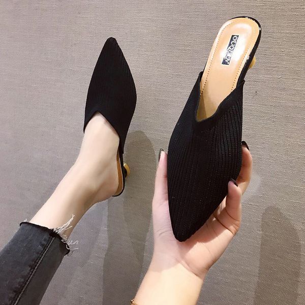 

обувь женщины дом тапочки платформа heeled мулы pantofle тонкие каблуки обложка toe слайды med soft high 2020 хлопок ткань pu, Black