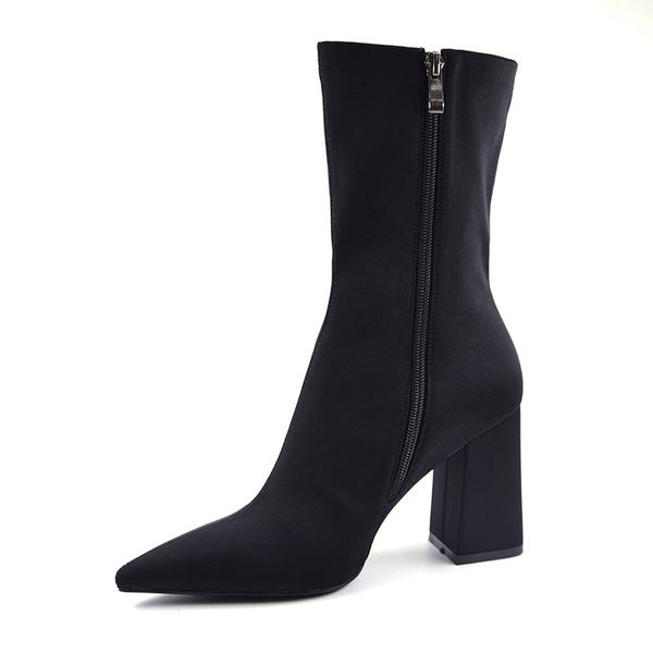 

agodor spring fashion mid-calf stretch fabric sock boots women pointed toe high heel women boots brand design black