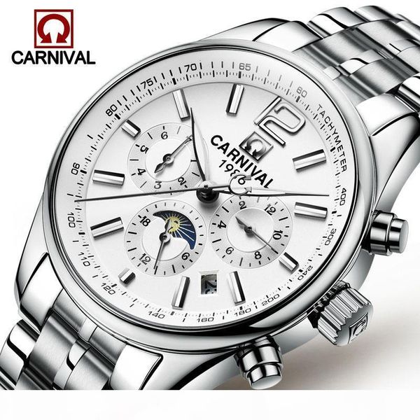 

men watch automatic mechanical waterproof wristwatch relogio masculino sapphire stainless steel band moon phase carnival, Slivery;brown