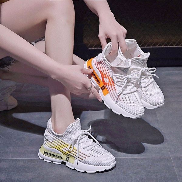 

breathable mesh flying casual shoes autumn sneakers women shoes round toe lace up thick bottom high heels platform woman, Black