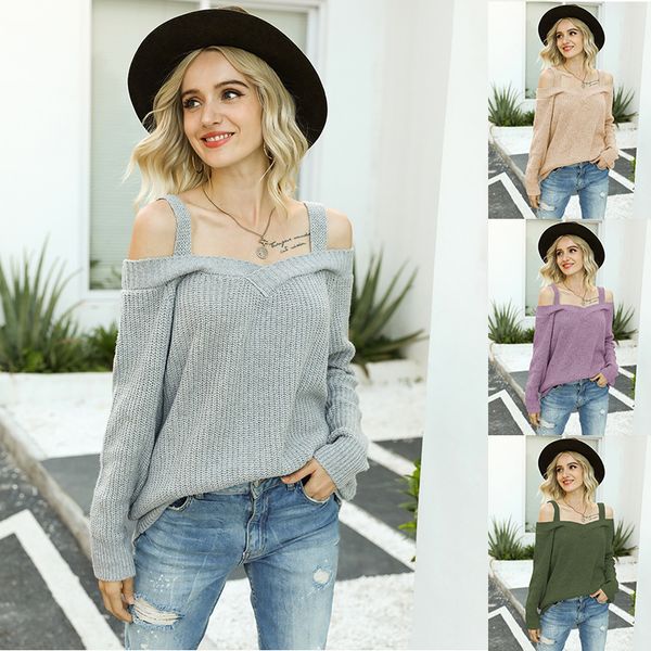 

women's sweaters fashion off shoulder knitted pullovers2021autumn winter long sleeve v neck women pullover and kintting ladies, White;black