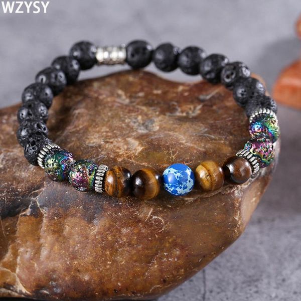 

original retro mixed color 8mm natural lava stone tiger eye bracelet charm alloy beads elastic string popular for men and women, Golden;silver