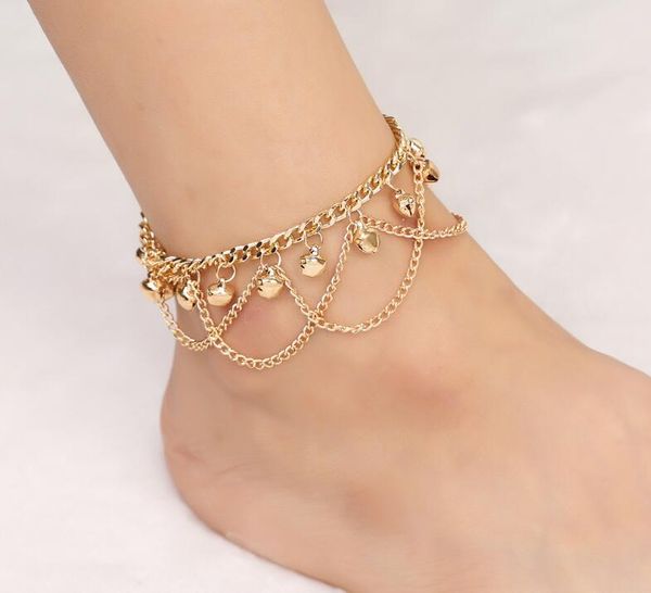 

gold tone 2 layers tassel bell charm anklet sandal beach heels ankle bracelet summer heels anklet jewelry gd529, Red;blue