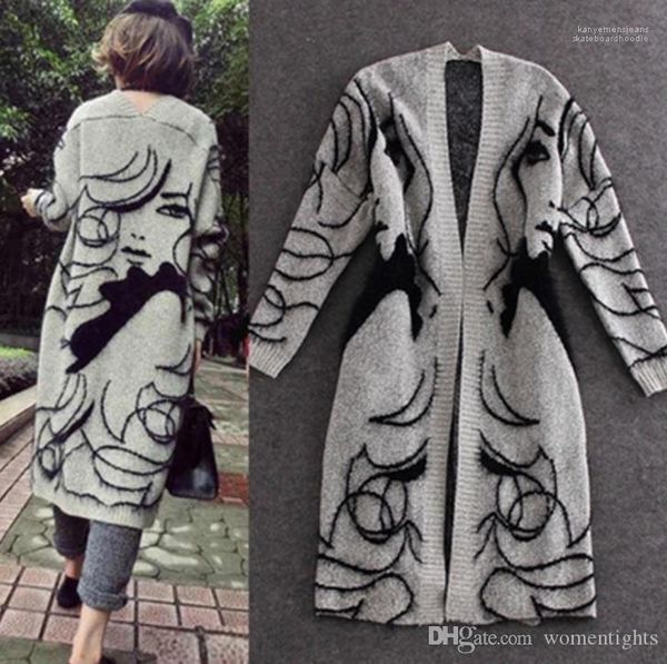 

cape women thick sweater cardigans autumn grey fashion pretty girl printed long coats, Black