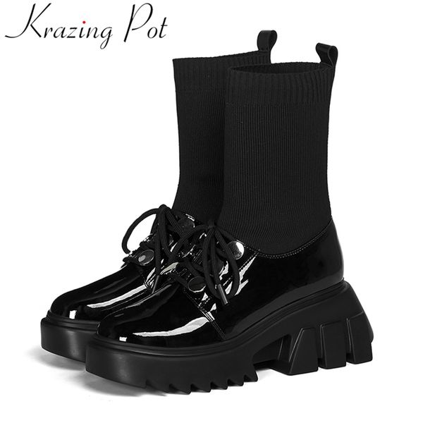 

krazing pot 2020 cow leather platform round toe high heels winter shoes buckle lace up dress mid-calf boots l28, Black