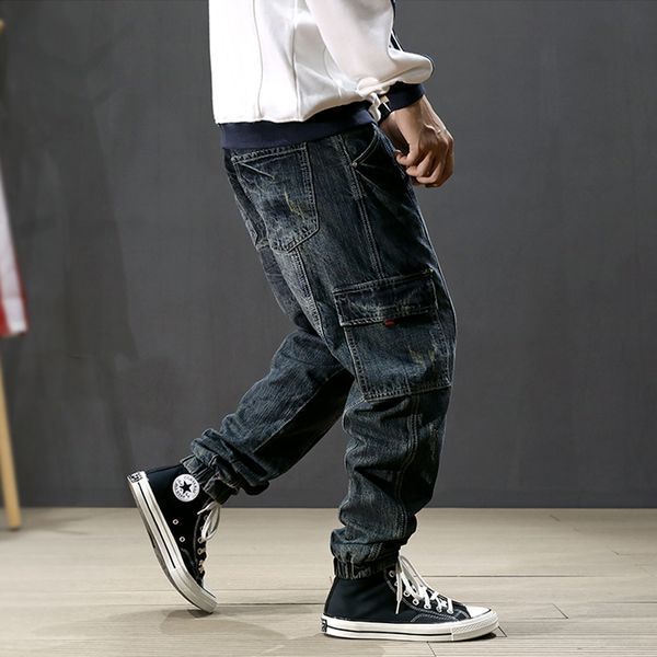 

japanese designer fashion men jeans vintage ripped harem jeans men cargo pants retro blue loose fit hip hop joggers homme