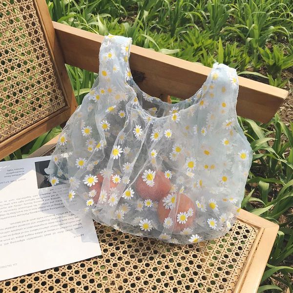 

2020 summer women mini transparent tote mesh cloth bag little daisy embroidery handbag eco fruit bag purse for girl
