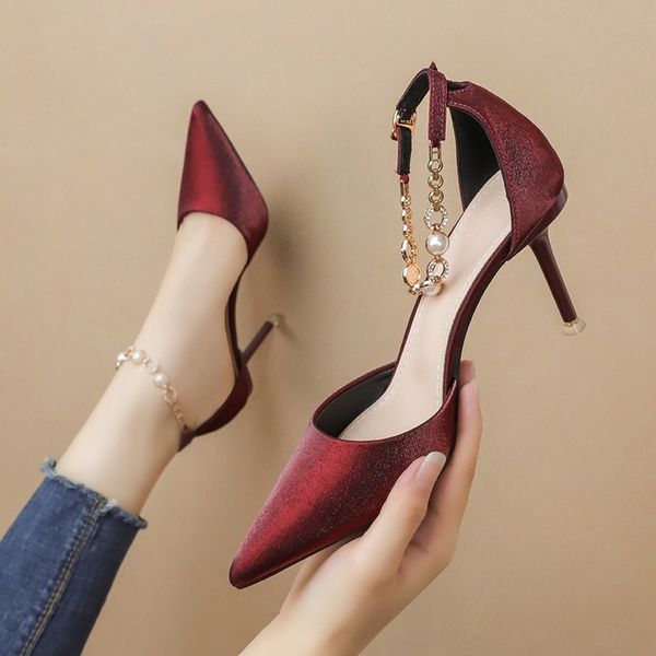 

quality satins women sandals high heels pearl metal buckles elegant thin heels luxury shoes women designers red 2020 summer new, Black