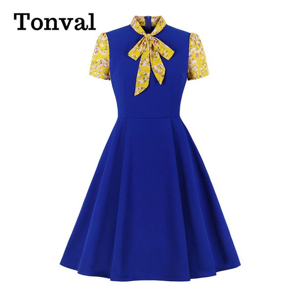 

tonval bow tie neck floral sleeve elegant party office ladies swing dresses women 2020 casual summer vintage dress, Black;gray