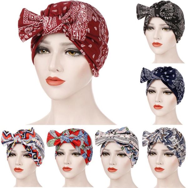 

women paisley floral pattern bowknot turban hats slouchy hair head wrap caps hatqd0031, Blue;gray