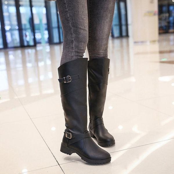 

retro buckle round toe solid long boots for women pu square heel low autumn winter boots zip over-the-knee casual fashion shoes, Black