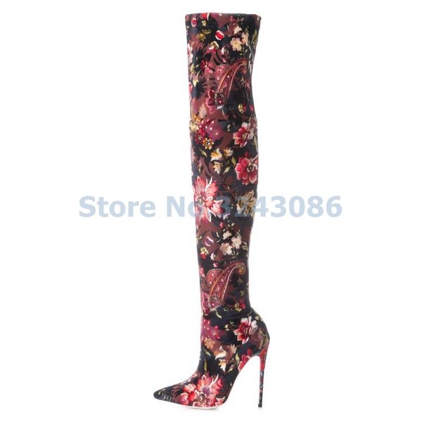 

pointed toe basic thin high heel boots floral stretch fabric over-the-knee long boots skintight spring autumn women shoes, Black