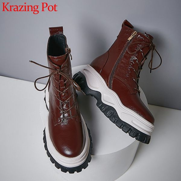 

krazing pot thick bottom mixed colors genuine leather round toe high heels platform leisure winter warm lace up ankle boots l00, Black