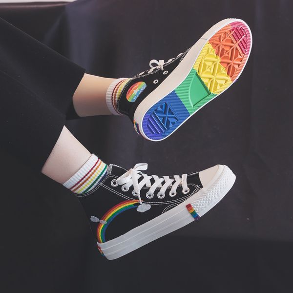 

womens fashion 2020 vulcanized shoes woman sneakers ins new rainbow retro canvas shoes flat fashion comfortable high women, Black