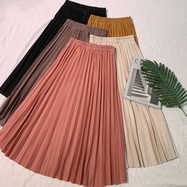 

brand designer elegant solid midi pleated skirt women spring ladies korean red black high waist a-line school long skirt female