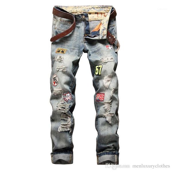 

jeans straight fashion slim fit male teenager skateboard rapper hihop jeans pants mens designer ripped, Blue