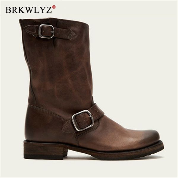 

womens boots retro buckle leather boots handmade pu leather mid-calf booties women high cowboy fashion casual shoes, Black