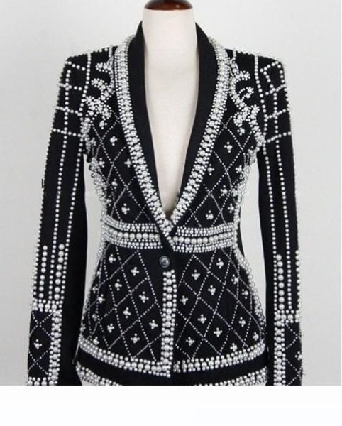 

wholesale- 2016 latest runway new fashion women's pearls handmade beads novelty long sleeve jacket luxury black outerwear, Black;brown