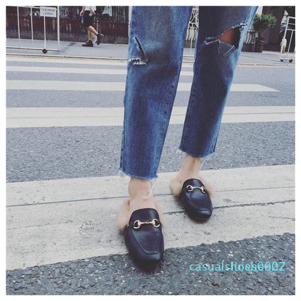 

women fur slippers plush home slipper slip on mule women flat casual shoes british black buckle loafer women outdoor slipper winter at02 c27