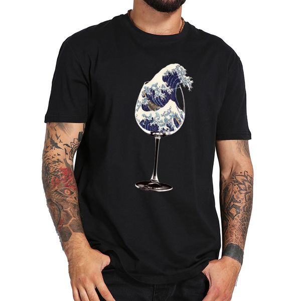 

mayma eu size 100% cotton kanagawa surf t shirt noodles wine glass creative design black short sleeve tee male