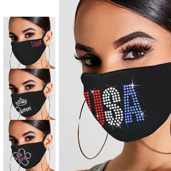 

fashion bling bling dustproof diamond protective mask pm2.5 mouth masks washable reusable usa flag 3d crown colorful rhinestones face mask