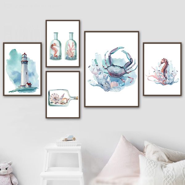 

mountain lighthouse sea horse crab landscape nostalgic canva poster wall art print scandinavian painting picture home decoration