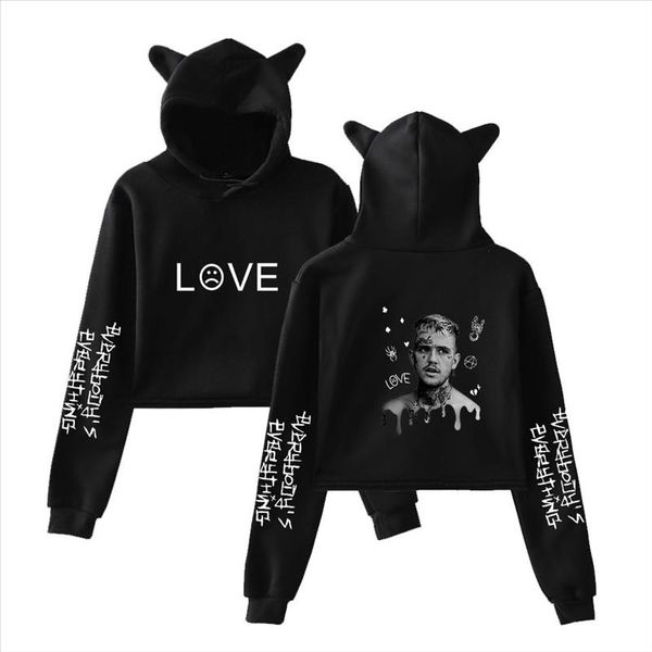 

rap lil peep crop hoodie hip hop streetwear kawaii cat ear cropped short sweatshirt hooded pullover women ropa mujer, Black