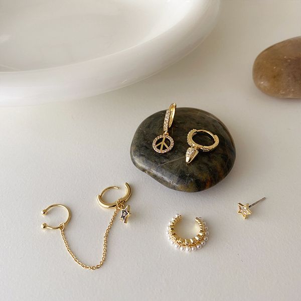 

wtltc french retro zircon pearl earrings for women fashion small ear cuff earrings set vintage piercing accessories, Golden;silver