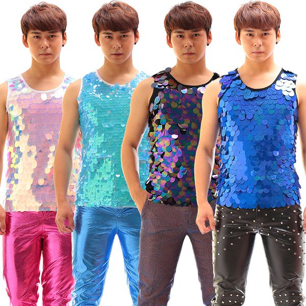 

men's sequins slim fashion vest costumes punk paillette dj male ds vest male singer stage show costume nightclub bar, Black;white