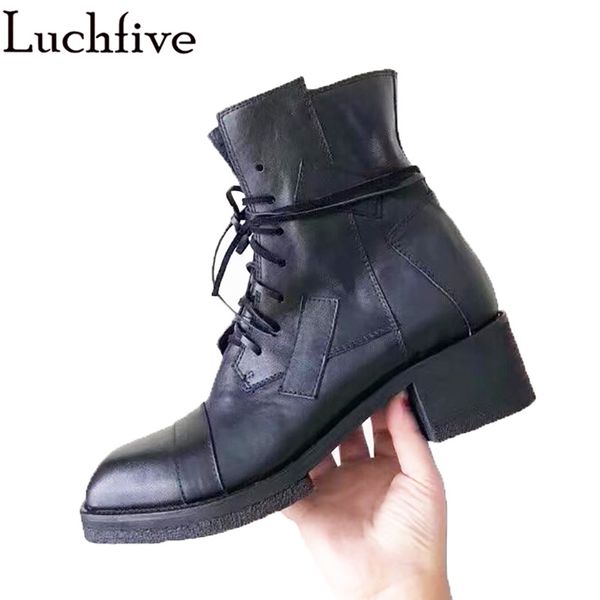 

high gang lace up chunky heel flat shoes woman black beige square toe leather casual shoes british platform ankle boots women