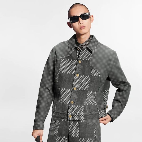 

20fw checkerboard plaid panelled full printing blue denim shirt jacket casual fashion outerwear men women couple street hfhljk125, Black;brown