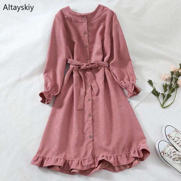 

dress women o-neck high waist elegant korean style kawaii chic autumn new womens single breasted solid a-line long sleeve casual, Black;gray