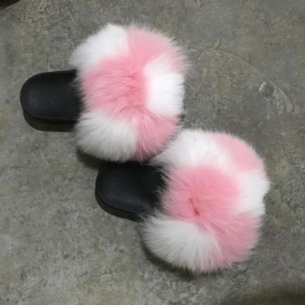 

color pvc slides ladies soft real raccoon fur slides women fur slippers, Black