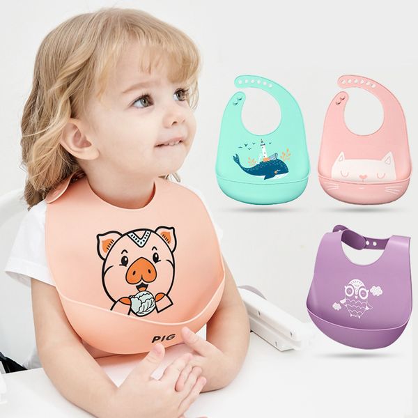 

new baby silicone bib adjustable waterproof newborn cartoon aprons soft comfortable saliva towel children feeding accessories, Slivery;white