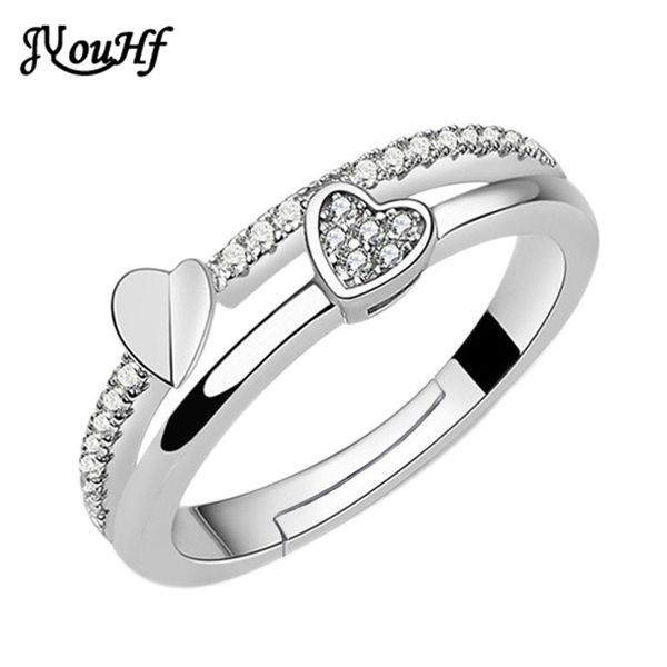 

jyouhf fashion double heart rings for women bague femme shining 5a cubic zircon paved setting rings female party wedding jewelry, Golden;silver