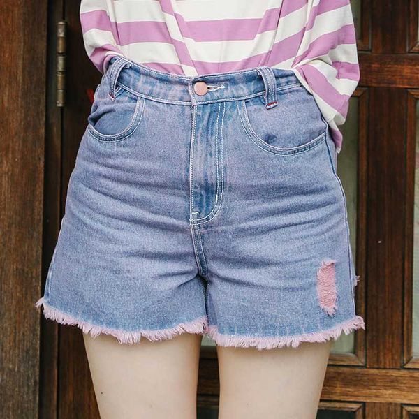 

2020 summer new fashion design vintage ripped hole fringe blue denim shorts women casual pocket jeans shorts letters embroidery