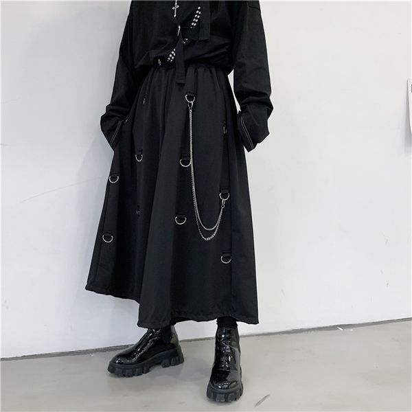 

men metal chain causal loose casual wide leg pant male japan style streetwear gothic punk kimono skirt pants, Black