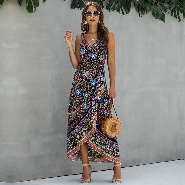 

casual dresses summer spaghetti strap dress women sleeveless cotton v neck print long, Black;gray