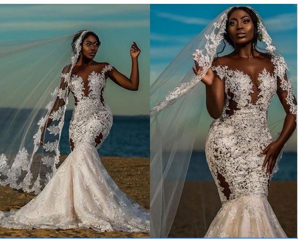 

2020 african cap sleeves mermaid wedding dresses sheer crew neck applique lace backless bridal gowns plus size wedding dress, White