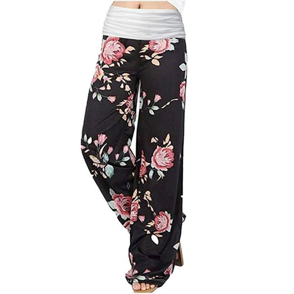 

women pants stitching wide-leg pants yoga sweatpants 5 style fashion casual home wear female flower point print elastic waist, Black;white
